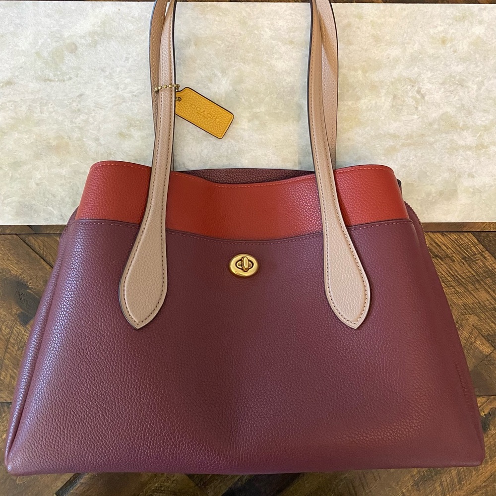 Coach Lora Colorblock Carryall Tote in Taupe Red Sand style 89086